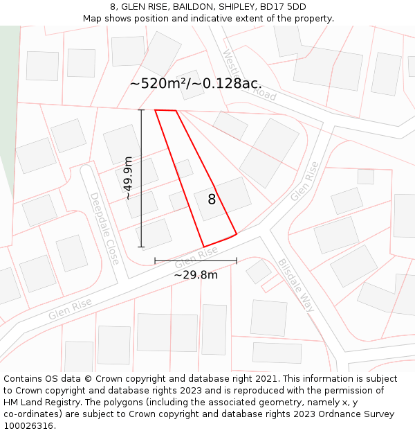 8, GLEN RISE, BAILDON, SHIPLEY, BD17 5DD: Plot and title map