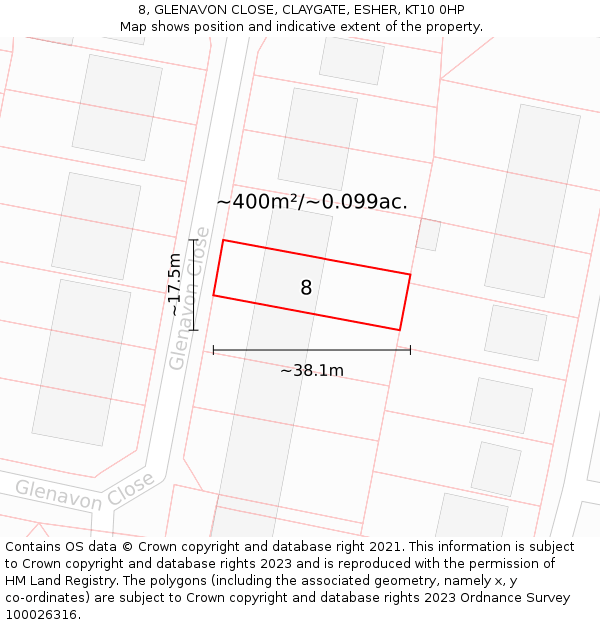 8, GLENAVON CLOSE, CLAYGATE, ESHER, KT10 0HP: Plot and title map