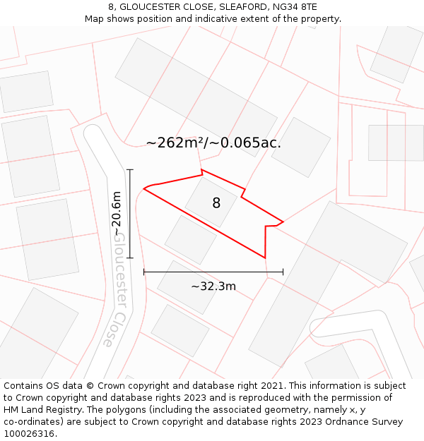 8, GLOUCESTER CLOSE, SLEAFORD, NG34 8TE: Plot and title map