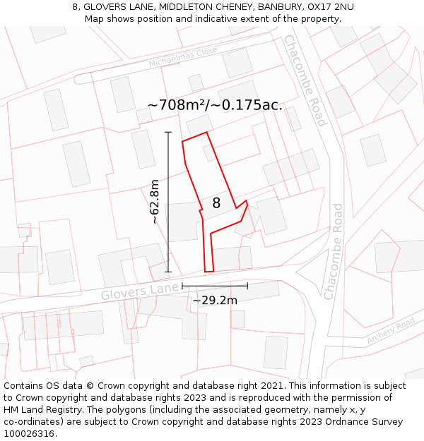 8, GLOVERS LANE, MIDDLETON CHENEY, BANBURY, OX17 2NU: Plot and title map