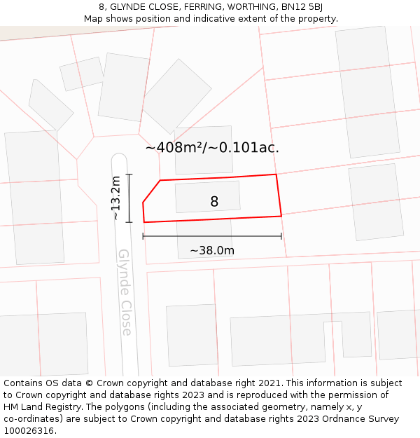 8, GLYNDE CLOSE, FERRING, WORTHING, BN12 5BJ: Plot and title map