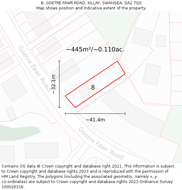 8, GOETRE FAWR ROAD, KILLAY, SWANSEA, SA2 7QS: Plot and title map