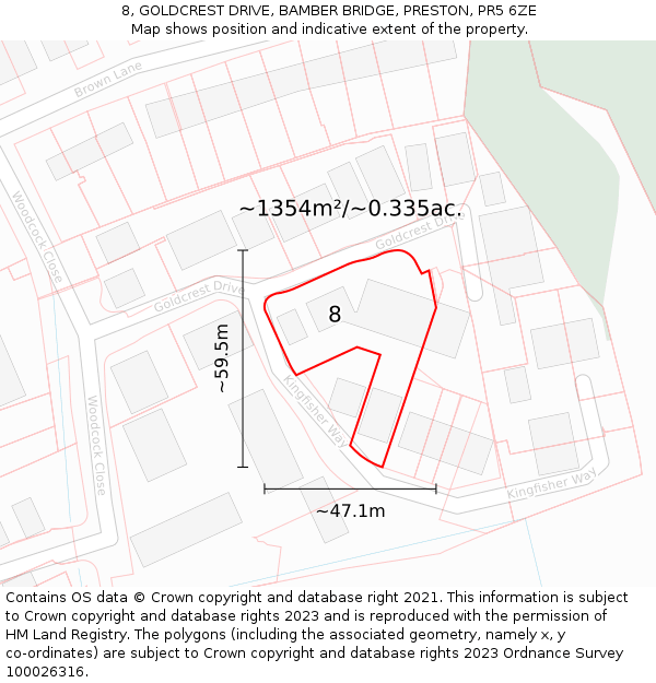 8, GOLDCREST DRIVE, BAMBER BRIDGE, PRESTON, PR5 6ZE: Plot and title map