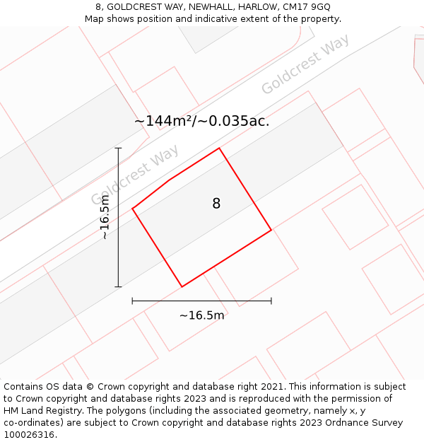 8, GOLDCREST WAY, NEWHALL, HARLOW, CM17 9GQ: Plot and title map