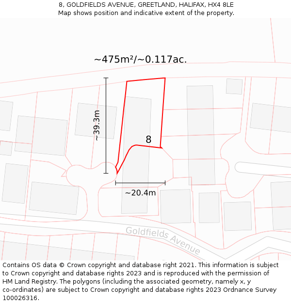 8, GOLDFIELDS AVENUE, GREETLAND, HALIFAX, HX4 8LE: Plot and title map