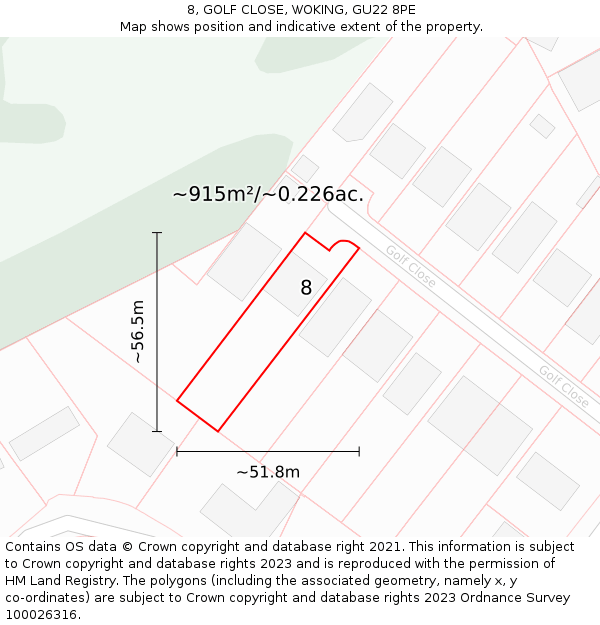 8, GOLF CLOSE, WOKING, GU22 8PE: Plot and title map