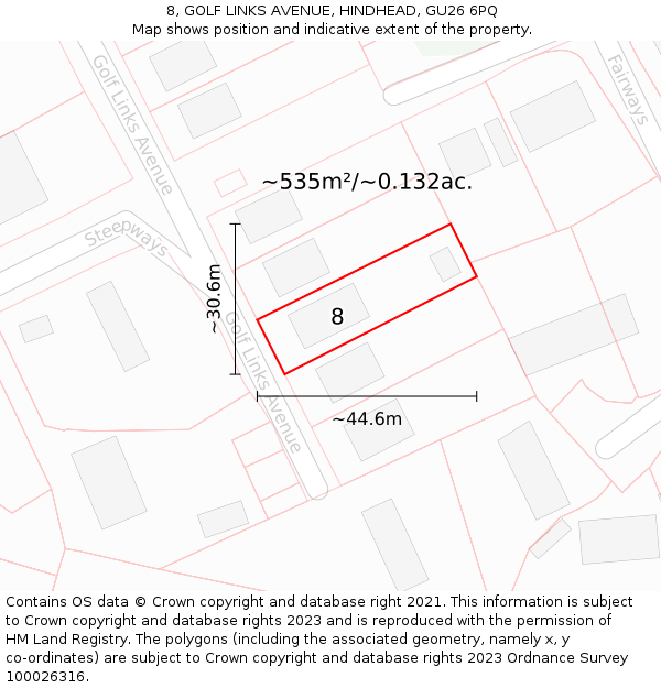 8, GOLF LINKS AVENUE, HINDHEAD, GU26 6PQ: Plot and title map