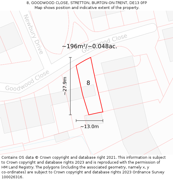 8, GOODWOOD CLOSE, STRETTON, BURTON-ON-TRENT, DE13 0FP: Plot and title map