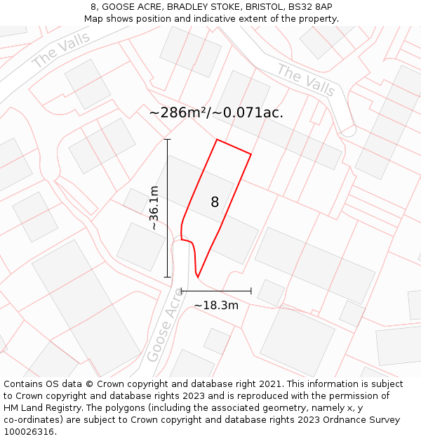 8, GOOSE ACRE, BRADLEY STOKE, BRISTOL, BS32 8AP: Plot and title map