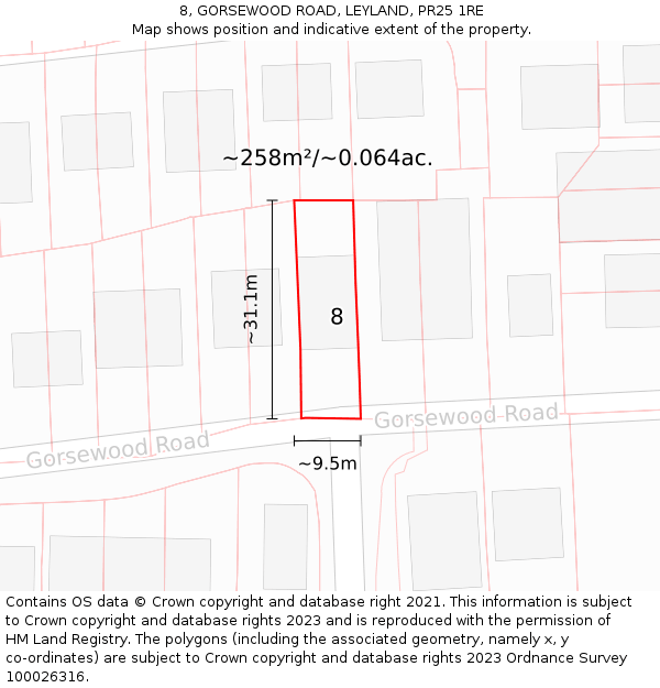 8, GORSEWOOD ROAD, LEYLAND, PR25 1RE: Plot and title map