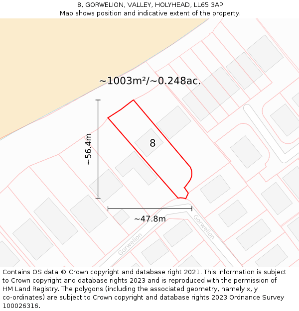 8, GORWELION, VALLEY, HOLYHEAD, LL65 3AP: Plot and title map