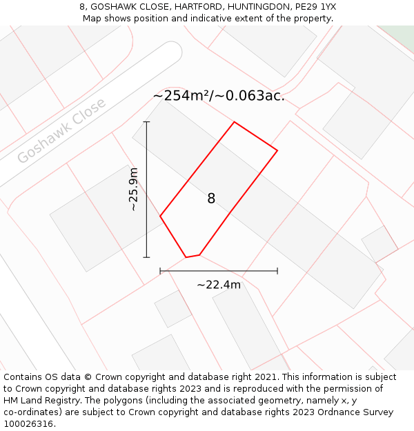8, GOSHAWK CLOSE, HARTFORD, HUNTINGDON, PE29 1YX: Plot and title map