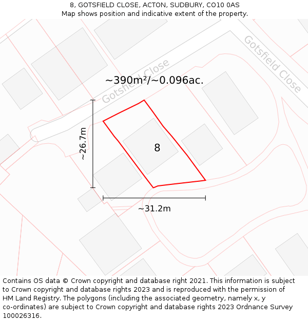 8, GOTSFIELD CLOSE, ACTON, SUDBURY, CO10 0AS: Plot and title map