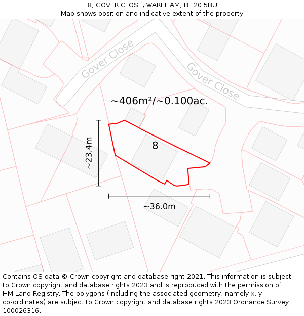 8, GOVER CLOSE, WAREHAM, BH20 5BU: Plot and title map