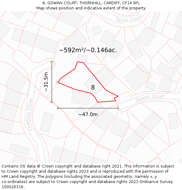 8, GOWAN COURT, THORNHILL, CARDIFF, CF14 9FL: Plot and title map