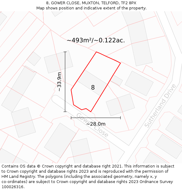 8, GOWER CLOSE, MUXTON, TELFORD, TF2 8PX: Plot and title map