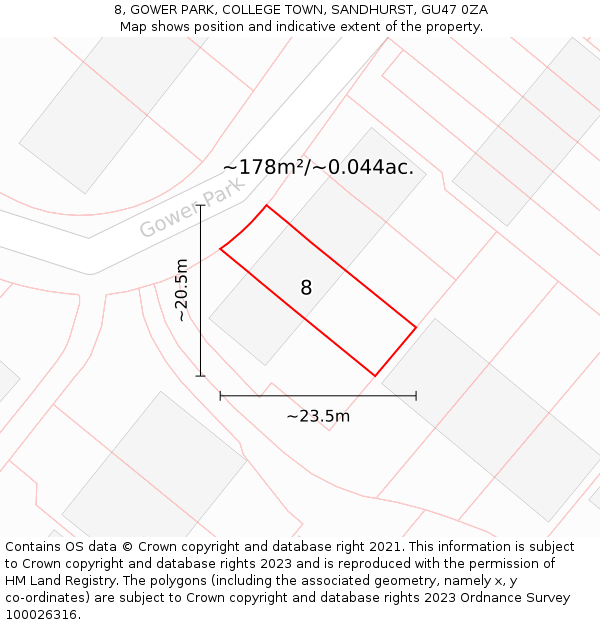 8, GOWER PARK, COLLEGE TOWN, SANDHURST, GU47 0ZA: Plot and title map