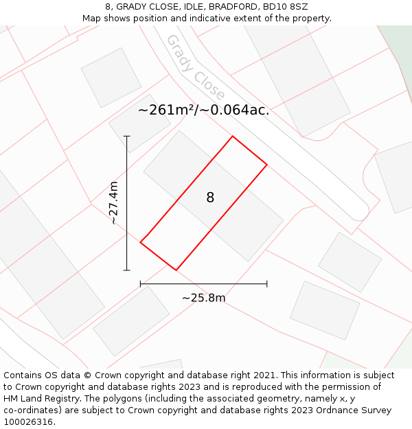 8, GRADY CLOSE, IDLE, BRADFORD, BD10 8SZ: Plot and title map