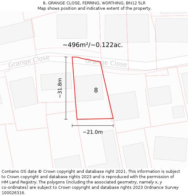 8, GRANGE CLOSE, FERRING, WORTHING, BN12 5LR: Plot and title map
