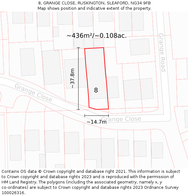 8, GRANGE CLOSE, RUSKINGTON, SLEAFORD, NG34 9FB: Plot and title map