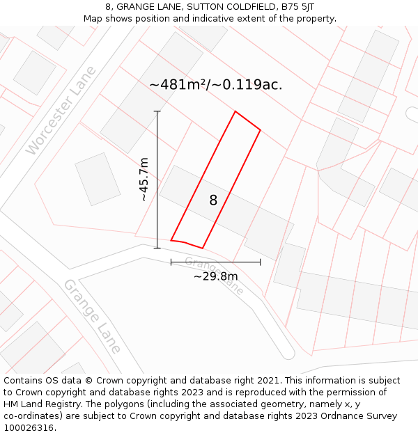 8, GRANGE LANE, SUTTON COLDFIELD, B75 5JT: Plot and title map