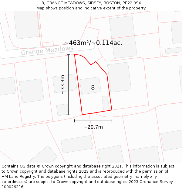 8, GRANGE MEADOWS, SIBSEY, BOSTON, PE22 0SX: Plot and title map