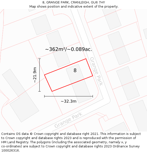 8, GRANGE PARK, CRANLEIGH, GU6 7HY: Plot and title map