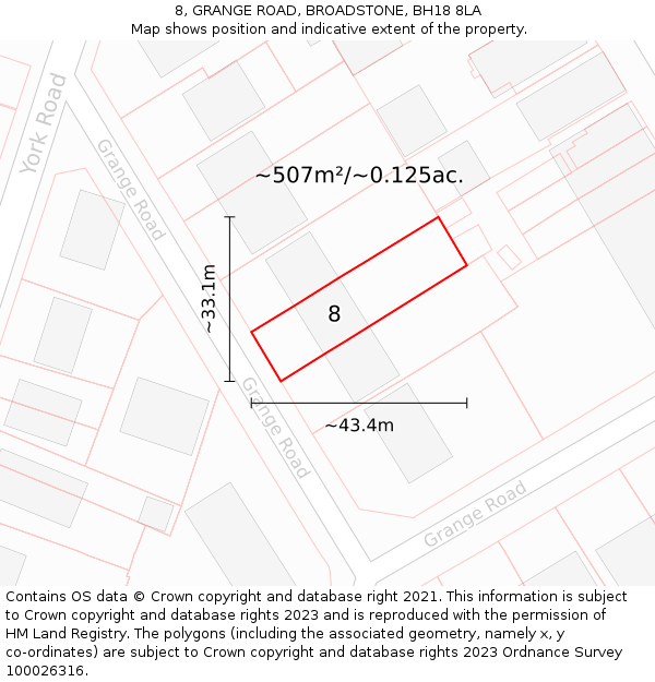 8, GRANGE ROAD, BROADSTONE, BH18 8LA: Plot and title map