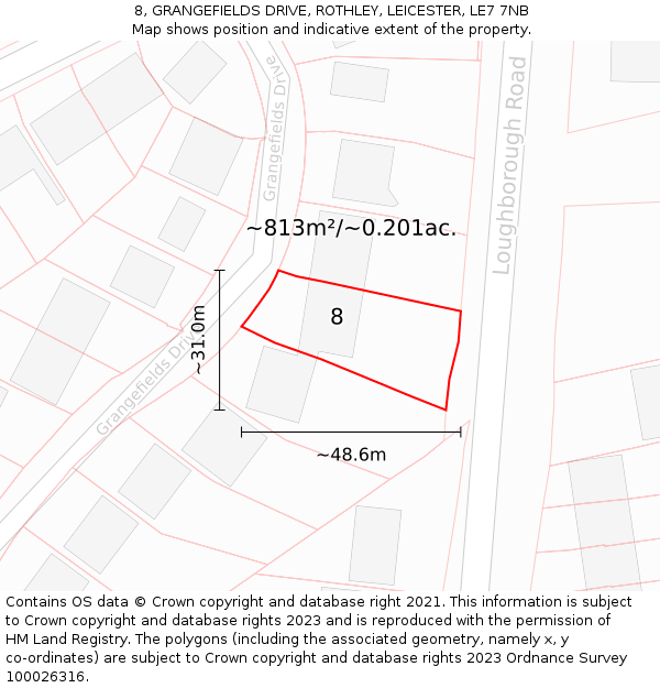 8, GRANGEFIELDS DRIVE, ROTHLEY, LEICESTER, LE7 7NB: Plot and title map