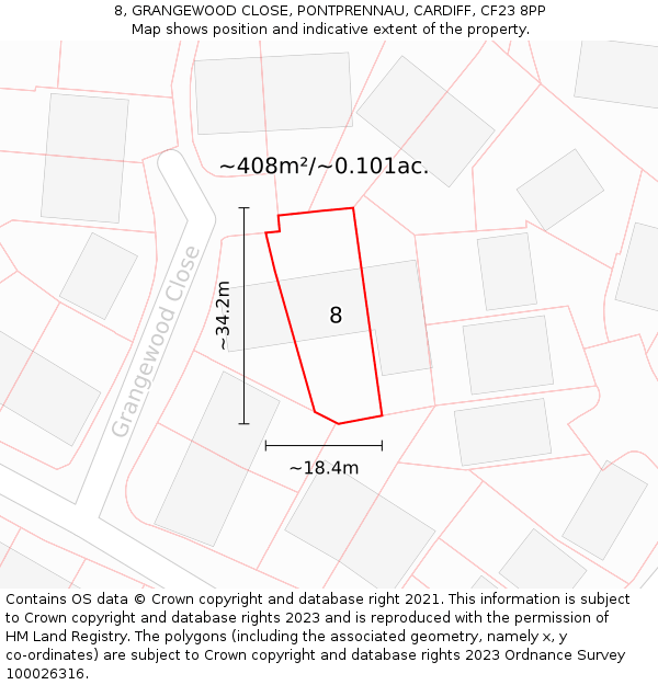 8, GRANGEWOOD CLOSE, PONTPRENNAU, CARDIFF, CF23 8PP: Plot and title map