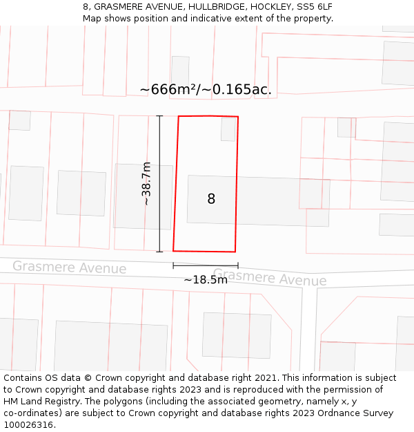 8, GRASMERE AVENUE, HULLBRIDGE, HOCKLEY, SS5 6LF: Plot and title map