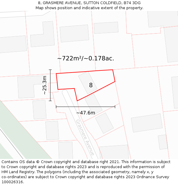 8, GRASMERE AVENUE, SUTTON COLDFIELD, B74 3DG: Plot and title map