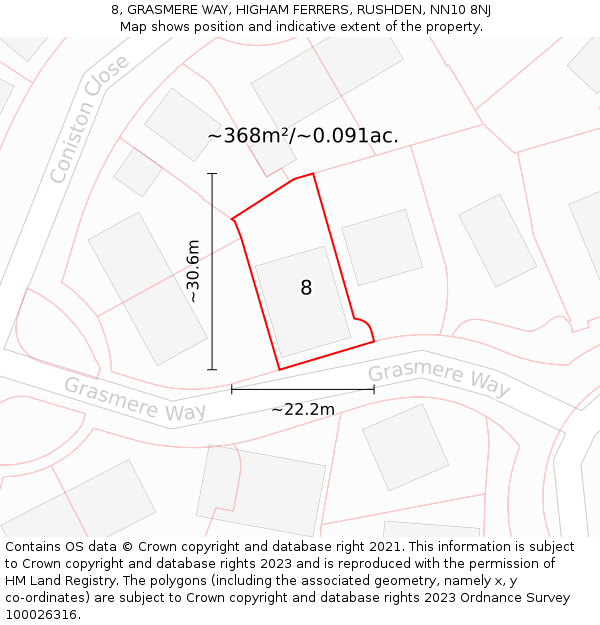 8, GRASMERE WAY, HIGHAM FERRERS, RUSHDEN, NN10 8NJ: Plot and title map