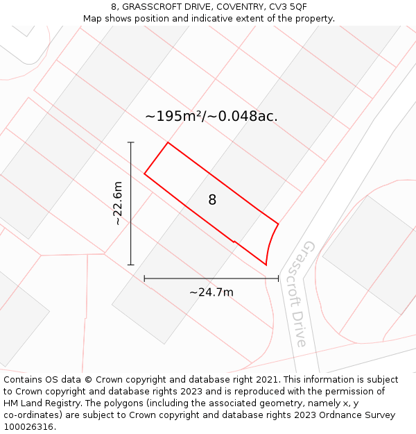 8, GRASSCROFT DRIVE, COVENTRY, CV3 5QF: Plot and title map