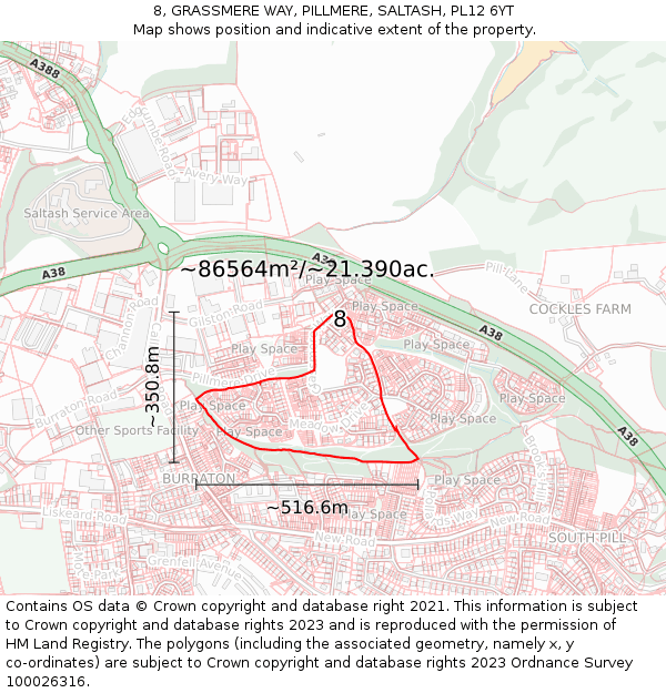8, GRASSMERE WAY, PILLMERE, SALTASH, PL12 6YT: Plot and title map