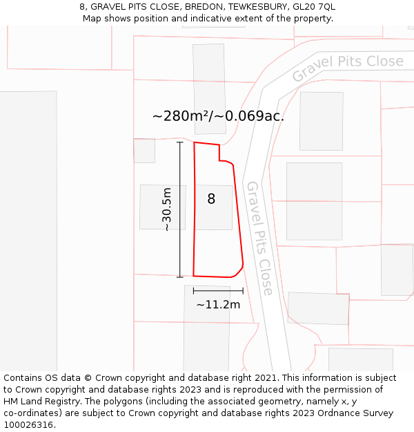 8, GRAVEL PITS CLOSE, BREDON, TEWKESBURY, GL20 7QL: Plot and title map