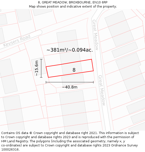 8, GREAT MEADOW, BROXBOURNE, EN10 6RP: Plot and title map