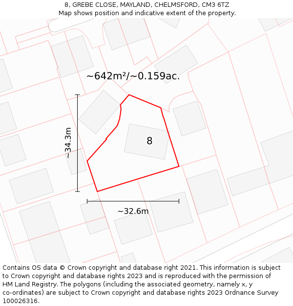8, GREBE CLOSE, MAYLAND, CHELMSFORD, CM3 6TZ: Plot and title map