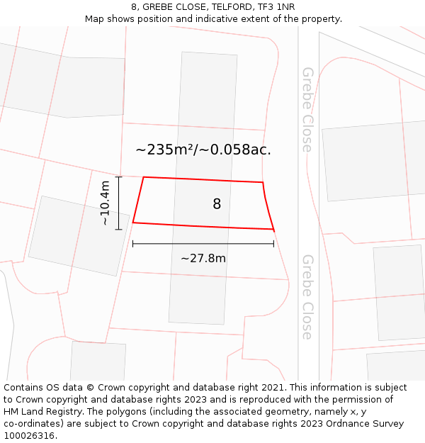 8, GREBE CLOSE, TELFORD, TF3 1NR: Plot and title map