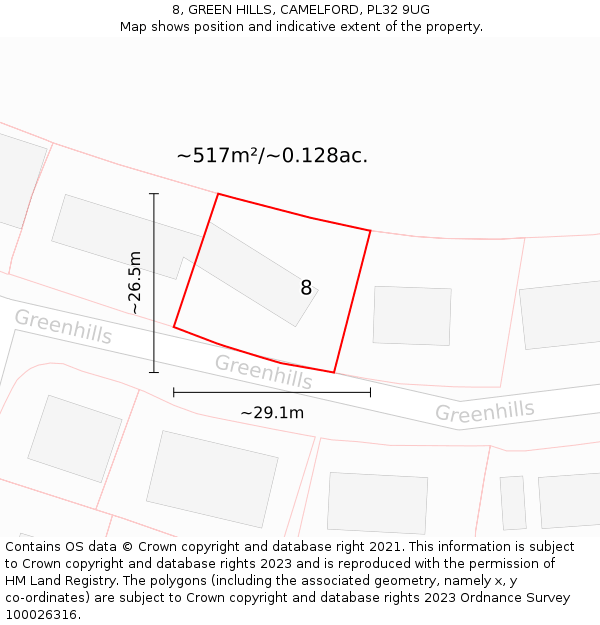 8, GREEN HILLS, CAMELFORD, PL32 9UG: Plot and title map