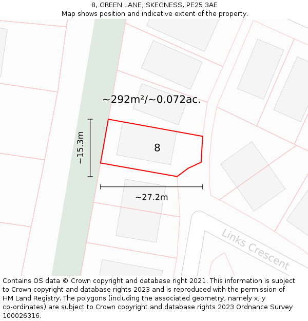 8, GREEN LANE, SKEGNESS, PE25 3AE: Plot and title map