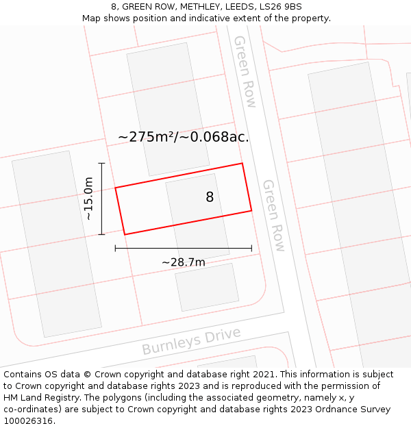 8, GREEN ROW, METHLEY, LEEDS, LS26 9BS: Plot and title map