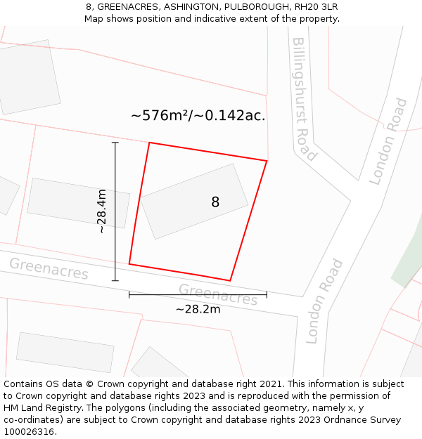 8, GREENACRES, ASHINGTON, PULBOROUGH, RH20 3LR: Plot and title map