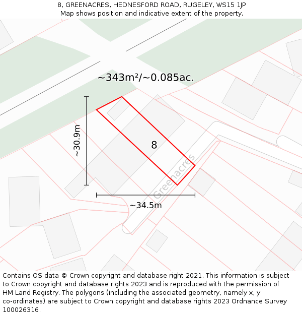 8, GREENACRES, HEDNESFORD ROAD, RUGELEY, WS15 1JP: Plot and title map