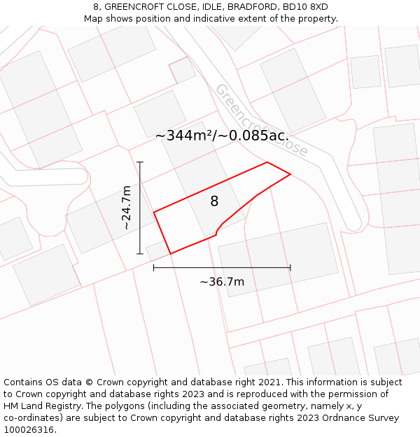 8, GREENCROFT CLOSE, IDLE, BRADFORD, BD10 8XD: Plot and title map