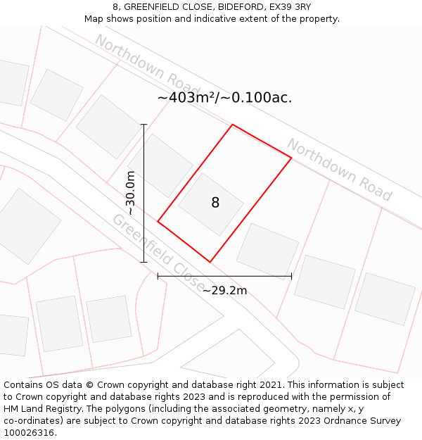 8, GREENFIELD CLOSE, BIDEFORD, EX39 3RY: Plot and title map