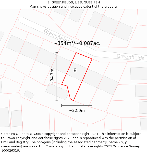 8, GREENFIELDS, LISS, GU33 7EH: Plot and title map