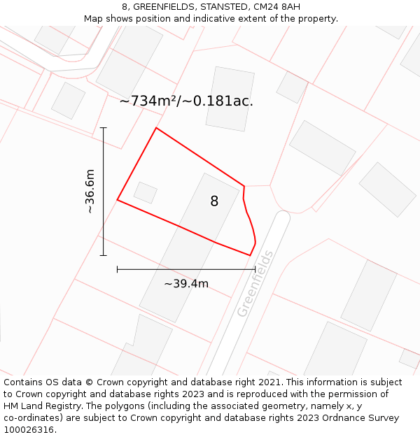 8, GREENFIELDS, STANSTED, CM24 8AH: Plot and title map