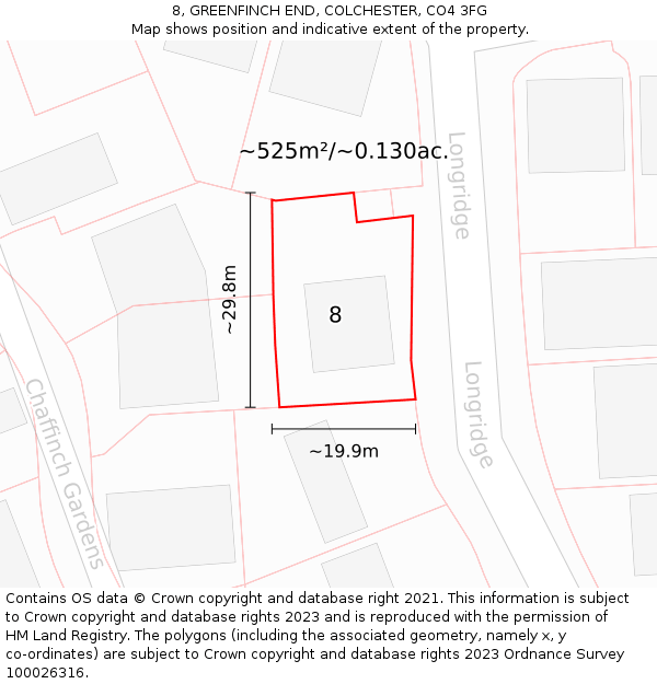 8, GREENFINCH END, COLCHESTER, CO4 3FG: Plot and title map