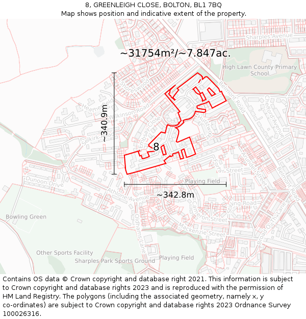 8, GREENLEIGH CLOSE, BOLTON, BL1 7BQ: Plot and title map